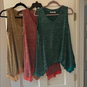 LOGO by Lori Goldstein Sleeveless Tunics in Green, Red, and Tan - set of 3